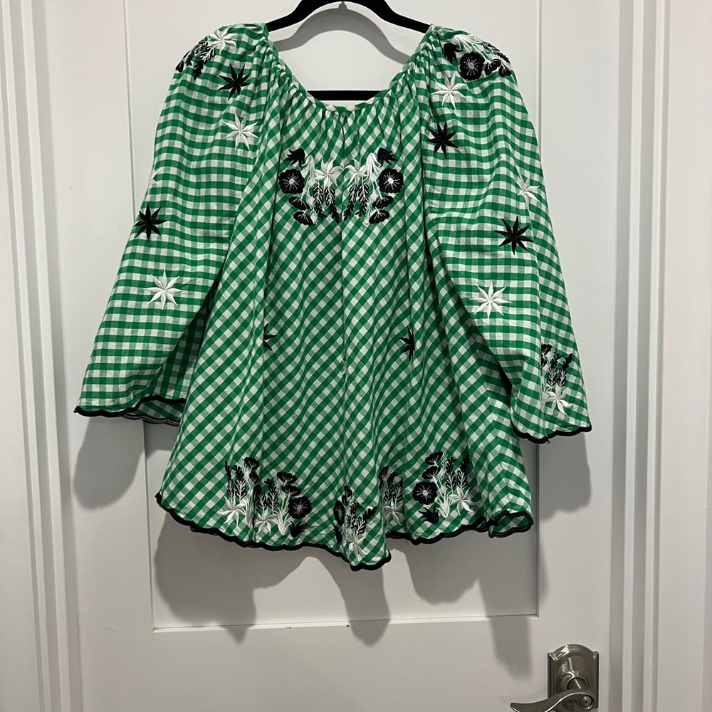 Green Gingham Embroidered Peasant Blouse One Size Innika Choo